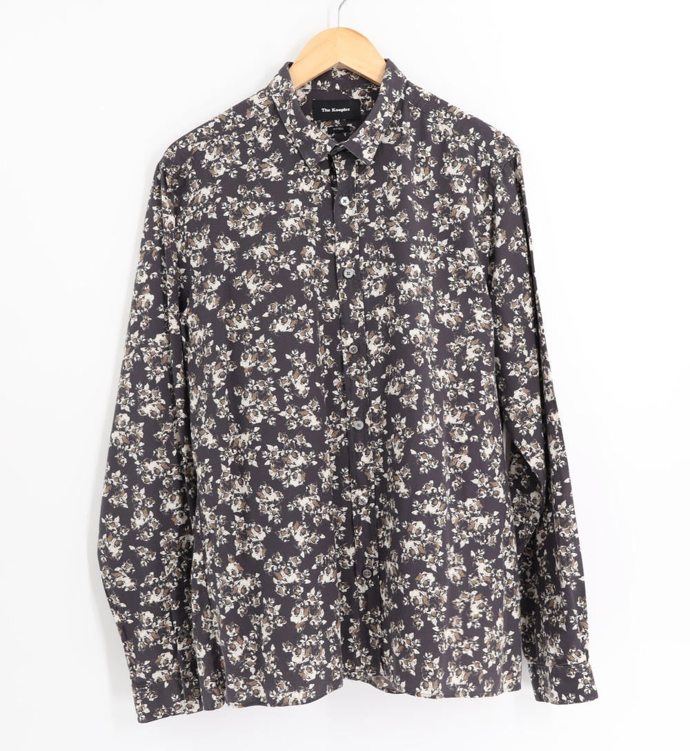 The Kooples Men’s Fitted Button‑Up Shirt Brown Floral Print Sz XL Cotton